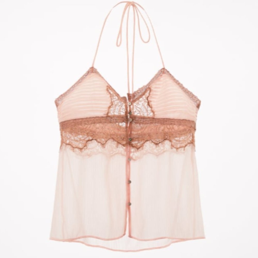 Zara Blush Pink Lace Trim Sheer Halter Camisole